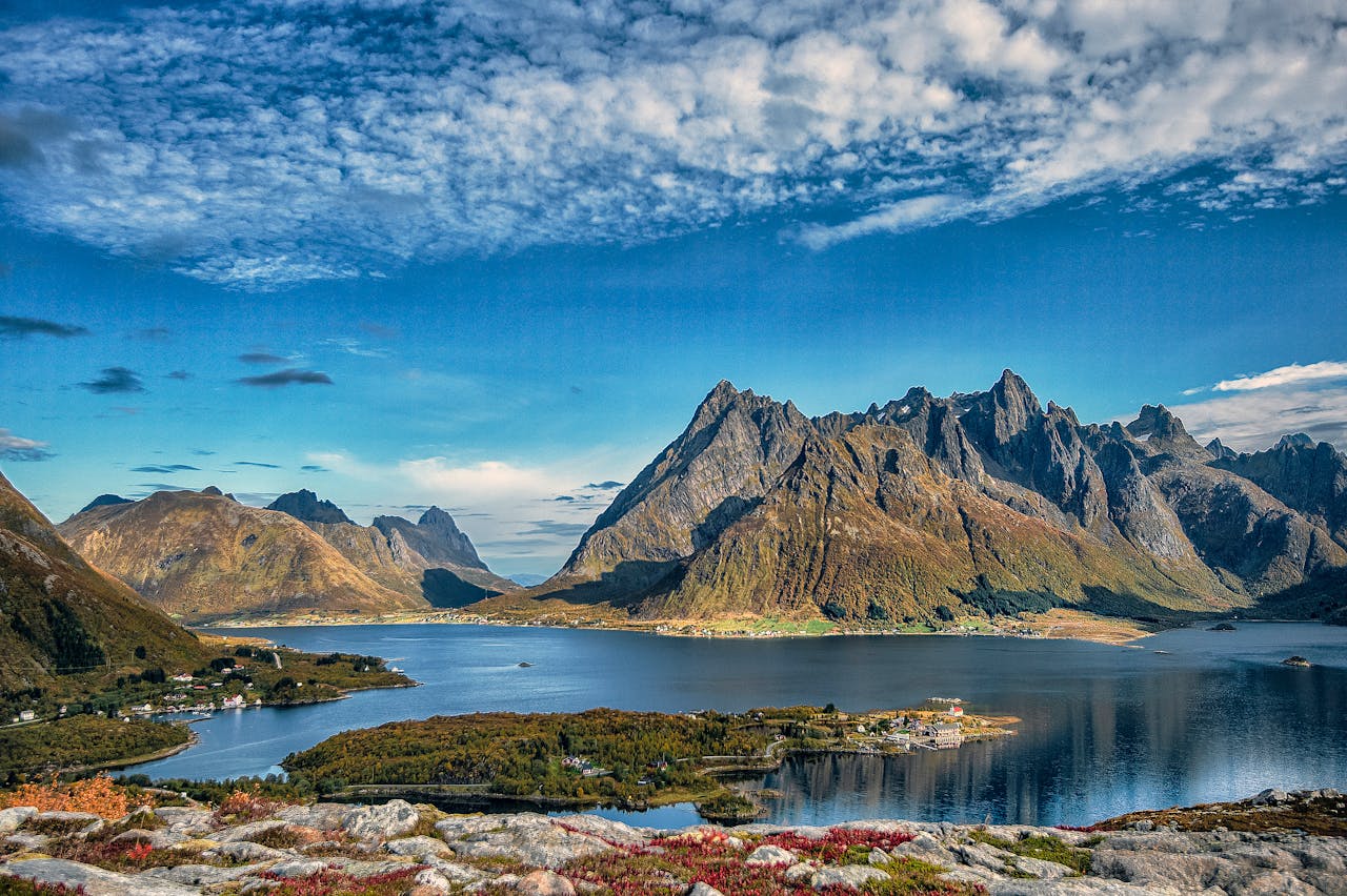 A breathtaking view of the Lofoten Islands, showcasing the majestic fjords and mountain scenery.